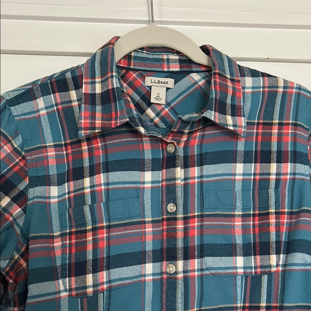L.L. Bean Women's Teal and Coral Plaid Flannel Shirt